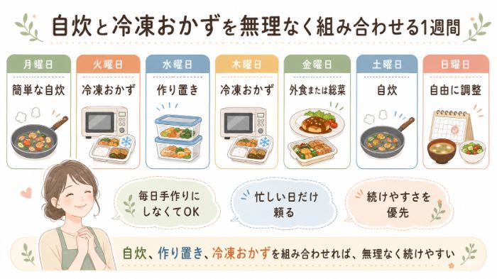 自炊と冷凍おかずを組み合わせた1週間の活用例