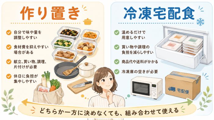 作り置きと冷凍宅配食の違いを比較する図解