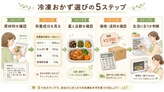 レンジで食べられる健康的なおかずを選ぶ流れ