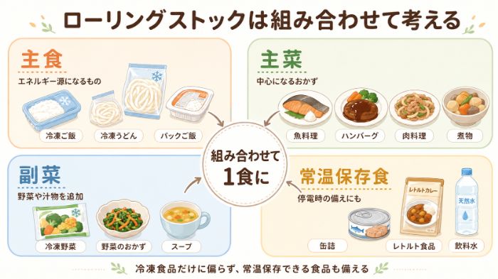 主食・主菜・副菜・常温保存食の組み合わせ図