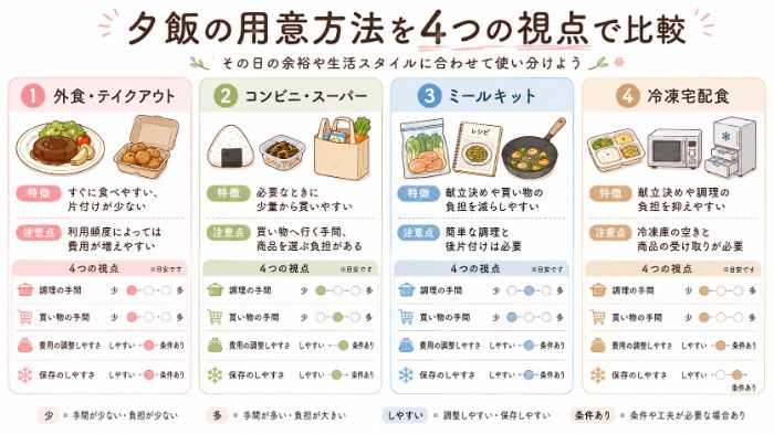 夕飯の用意方法を4つの視点で比較
