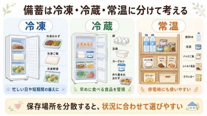 冷凍・冷蔵・常温に分けた備蓄イメージ