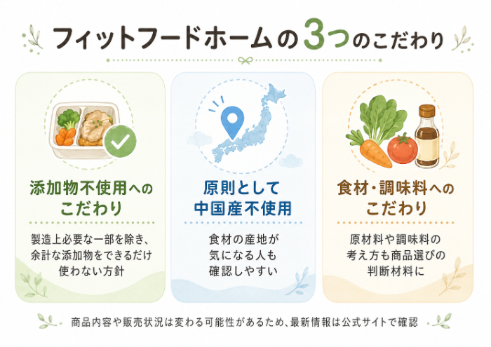 添加物・中国産不使用・調味料へのこだわりをまとめた3要素図解