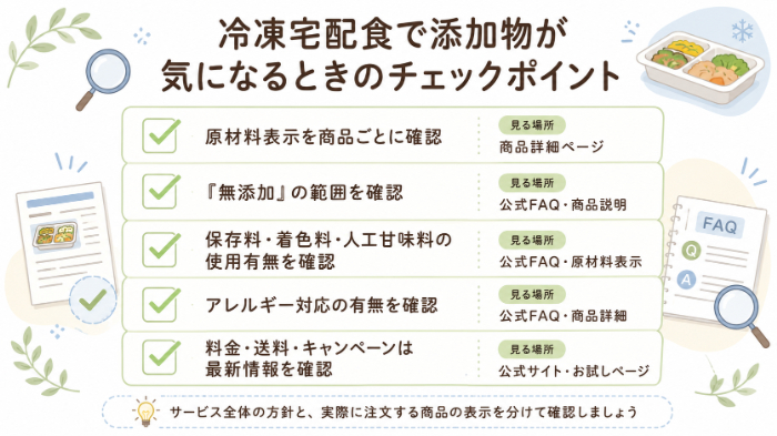 冷凍宅配食で添加物を確認するときのチェックリスト図解