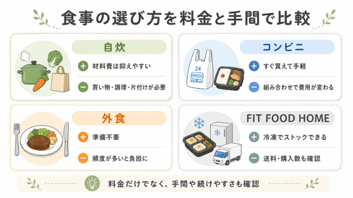 自炊・コンビニ・外食・フィットフードホームの比較図