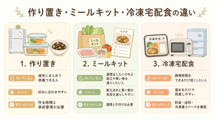 作り置き・ミールキット・冷凍宅配食の比較図解